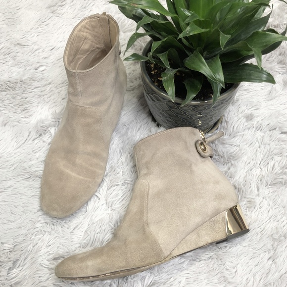 Tory Burch Shoes - Tory Burch Beige Suede Gold Kitten Wedge Bootie